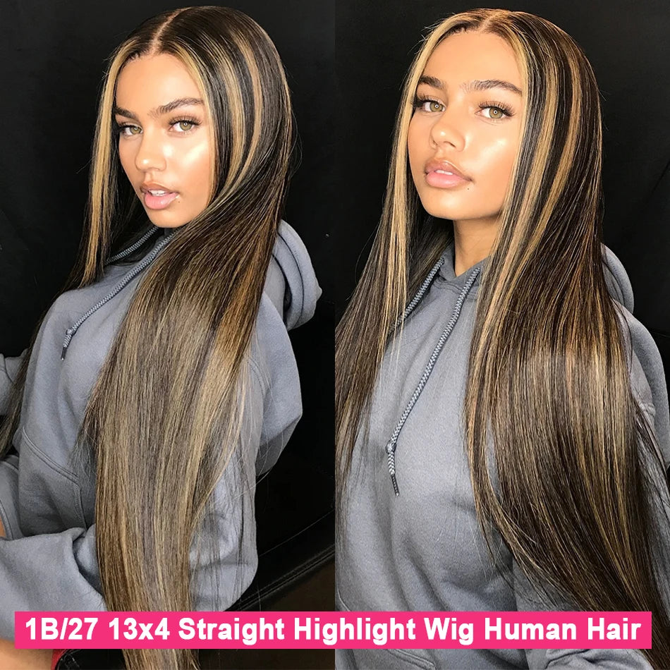 1B/27 Highlight Straight 13x4 Lace Frontal Wig Human Hair Brazilian Pre Plucked Ombre Blonde Colored Lace Front Wigs for Women