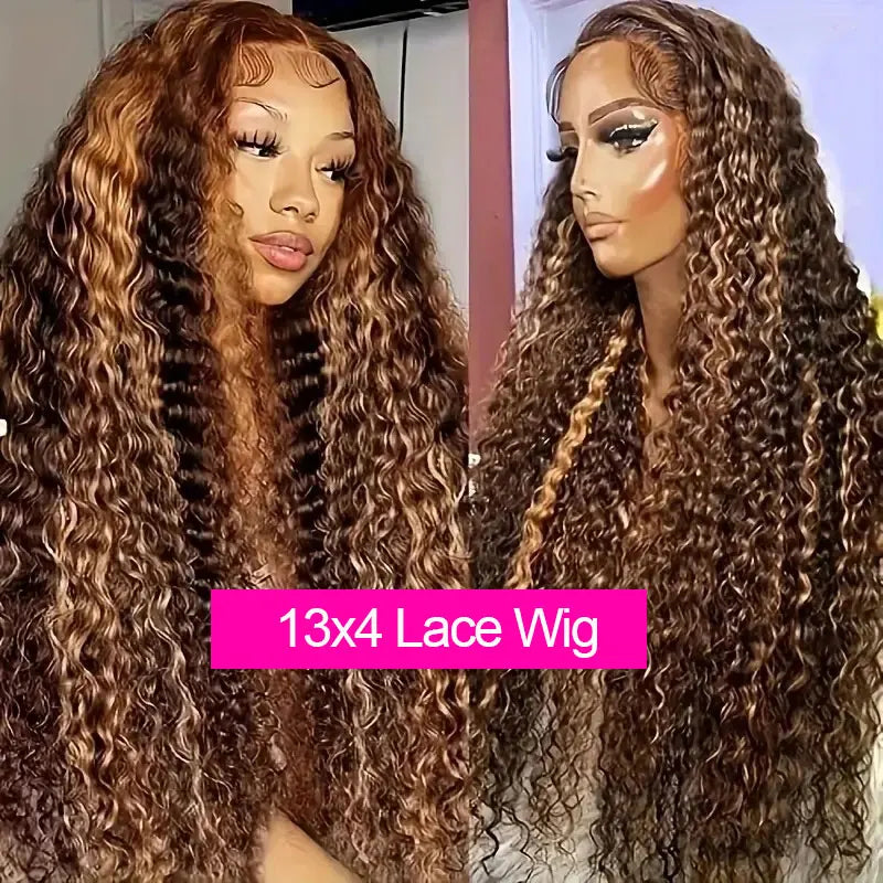 30 Inch Water Wave Highlight Wig 4/27 Ombre Human Hair 13x6 HD Lace Front 250% Density Natural Hairline Pre-Plucked Curly Wigs