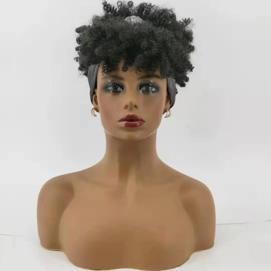 Cosplay Wig Synthetic Hair Afro Kinky Curly Wig With Bangs Headband Wig Short Wigs for Black Women Headgear