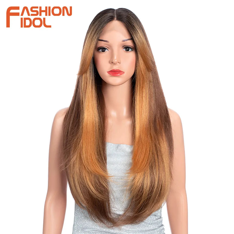 FASHION IDOL 26 Inch Long Straight Lace Front Wig With Bangs Synthetic Hair Ombre Black Blonde Highlight Cosplay Wigs For Women