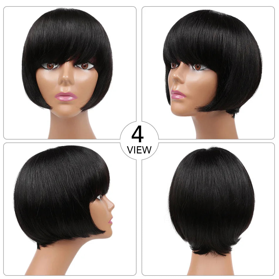 Straight Human Hair Wigs With Bangs Remy Brazilian Cute Bob Cut Human Hair Wig 100% Natural Bob Bangs Wig