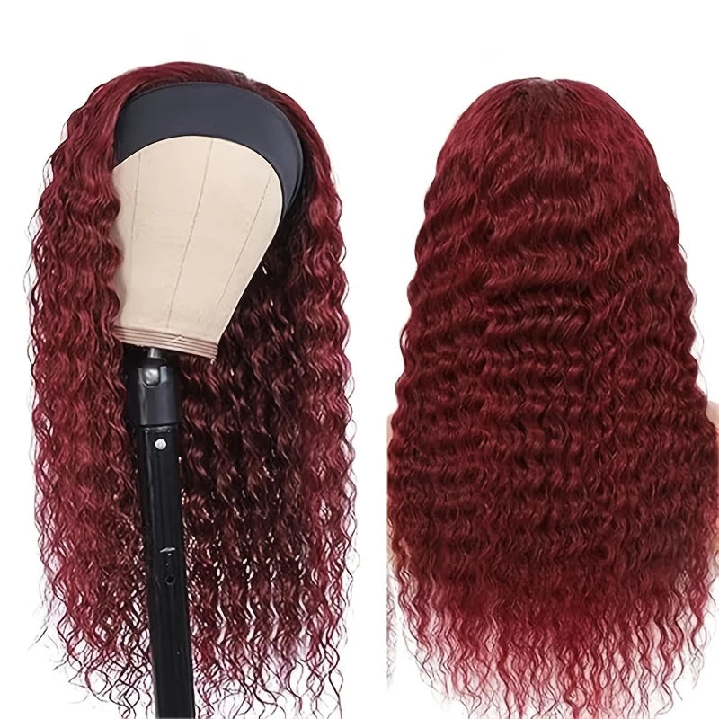Headband Wig Human Hair 99J 30 Inch 200% Density Burgundy Deep Wave Headband Wig 100% Human Hair Wigs Curly Glueless Wig