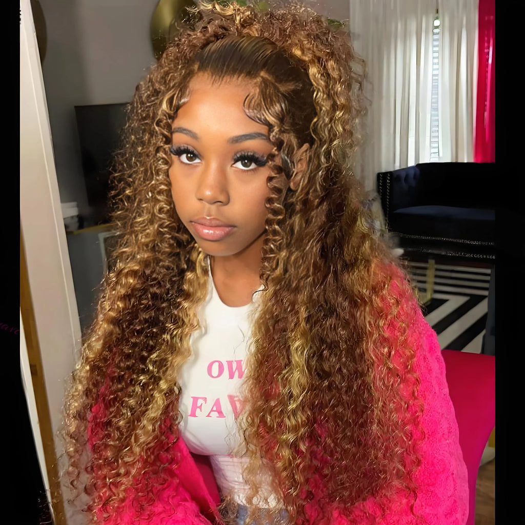 Deep Wave Frontal Wig HD Highlight Wig Human Hair Transparent 13x6 Honey Blonde Lace Front Wigs For Women Curly Human Hair Wig
