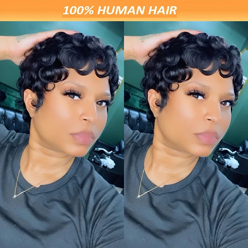 Pixie Cut Wigs 100% Human Hair Wigs Short Curly Pixie Cut Wigs For Black Women Full Machine Made Wig Pixie Curly Black 1B Color