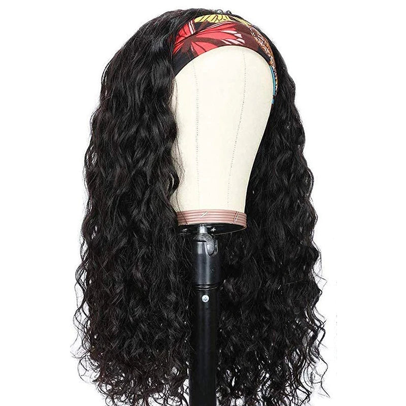 Headband Wigs-Water Wave Headband Wigs Human Hair For Women, 16-24 Inches Remy Hair Full Machine Made Black Curly Hair Band Wigs