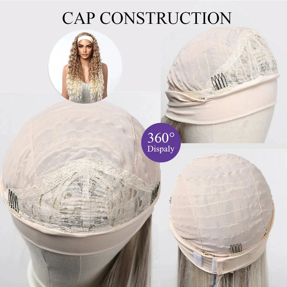 Headband Synthetic Wigs Long Afro Kinky Curly Golden Blonde Platinum Ombre Wig for Black Women Use Water Wave Wig Heat Resistant