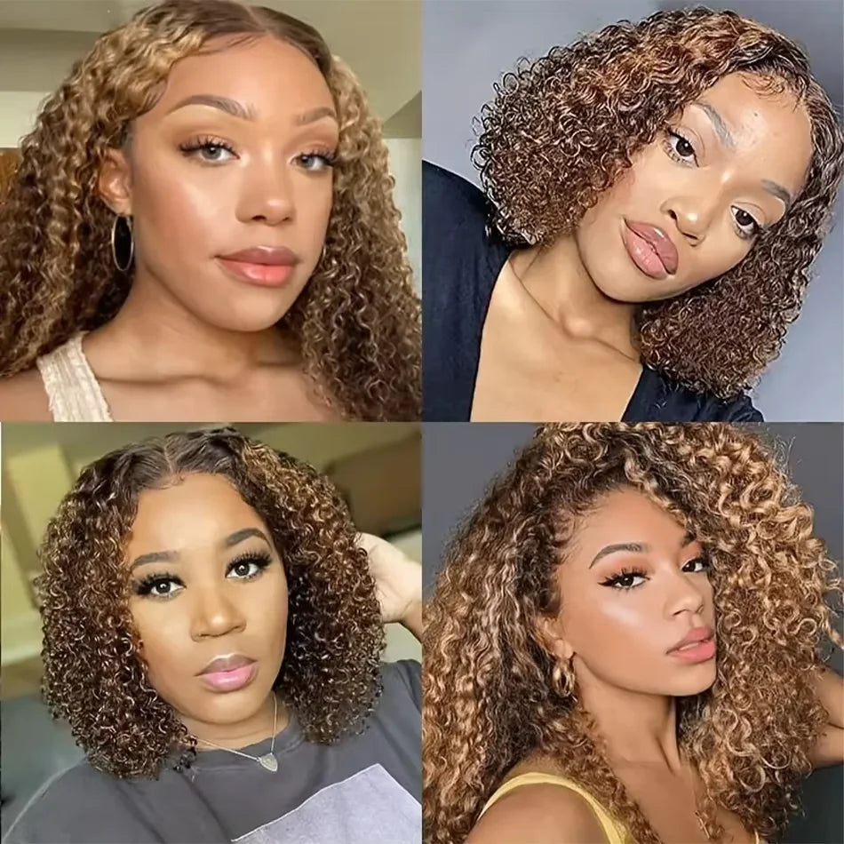 Highlight Curly Bob 13x4 Lace Frontal Wig Brazilian Ombre Brown Deep Water Wave Short Bob Lace Front Human Hair Wigs For Women