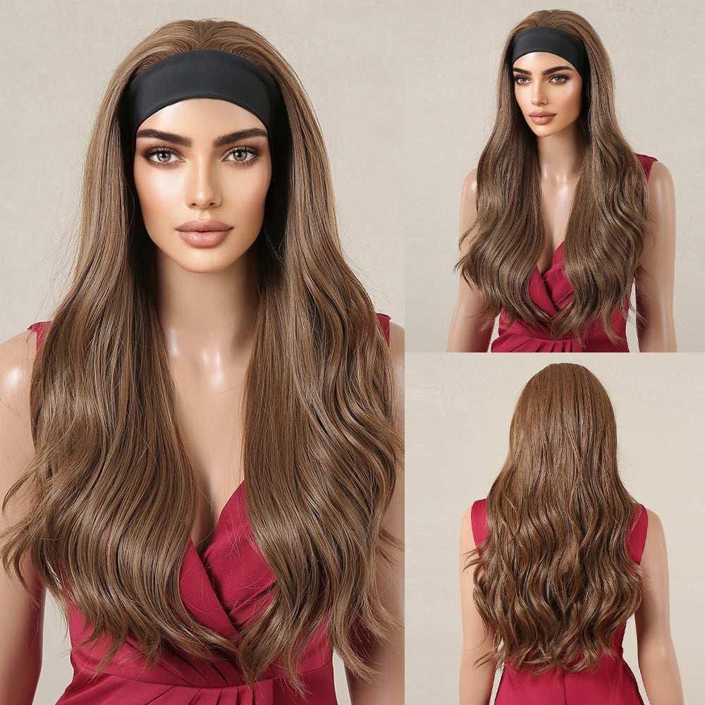 HENRY MARGU Women's Headband Wig Synthetic Hair Long Straight Brown Gloden Highlight Glueless Wigs for Black Women Machine Made