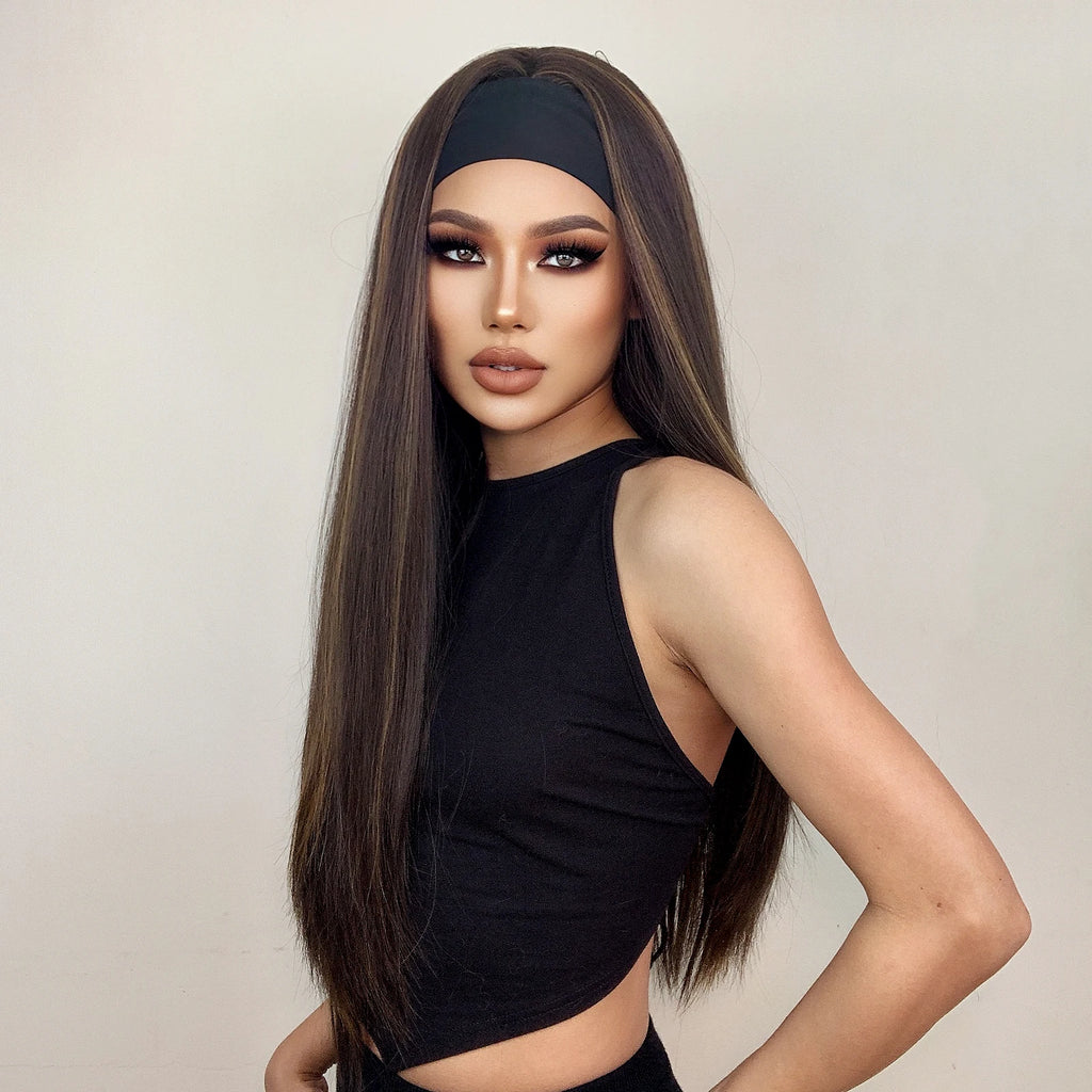 HENRY MARGU Women's Headband Wig Synthetic Hair Long Straight Brown Gloden Highlight Glueless Wigs for Black Women Machine Made