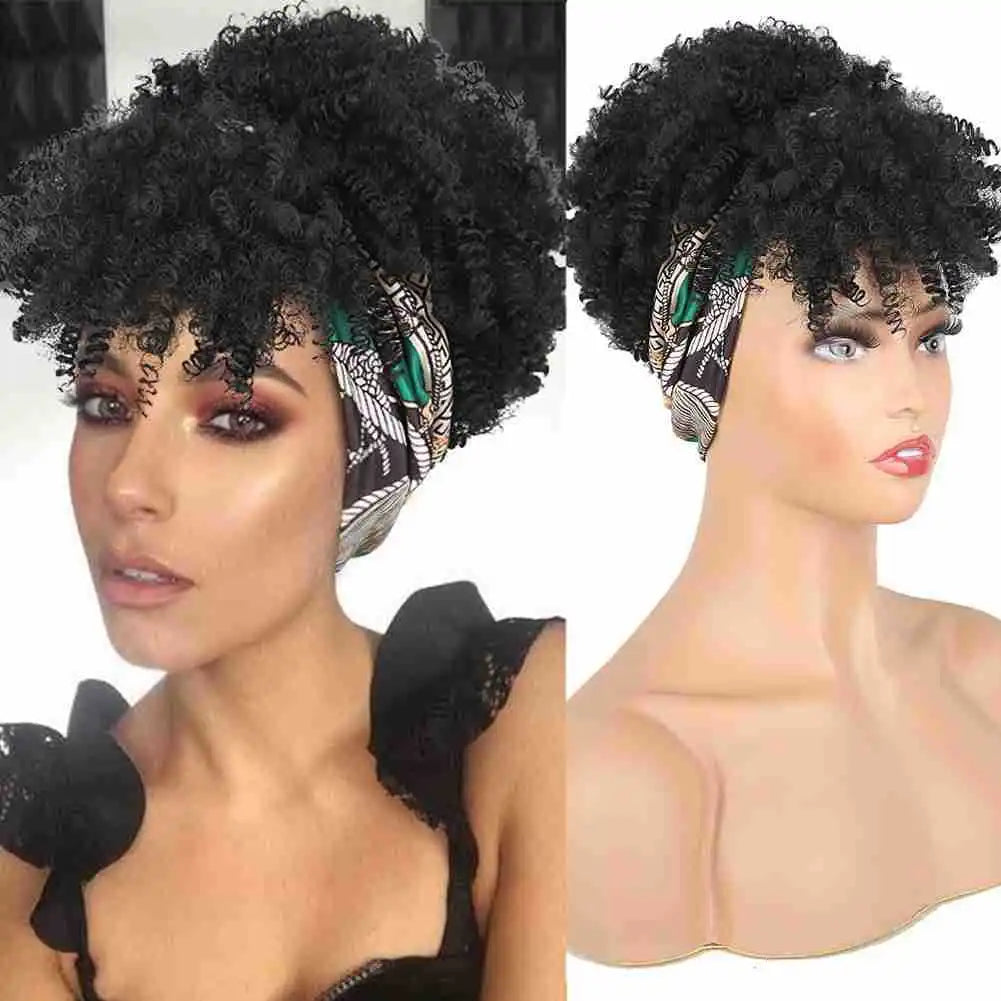 Cosplay Wig Synthetic Hair Afro Kinky Curly Wig With Bangs Headband Wig Short Wigs for Black Women Headgear