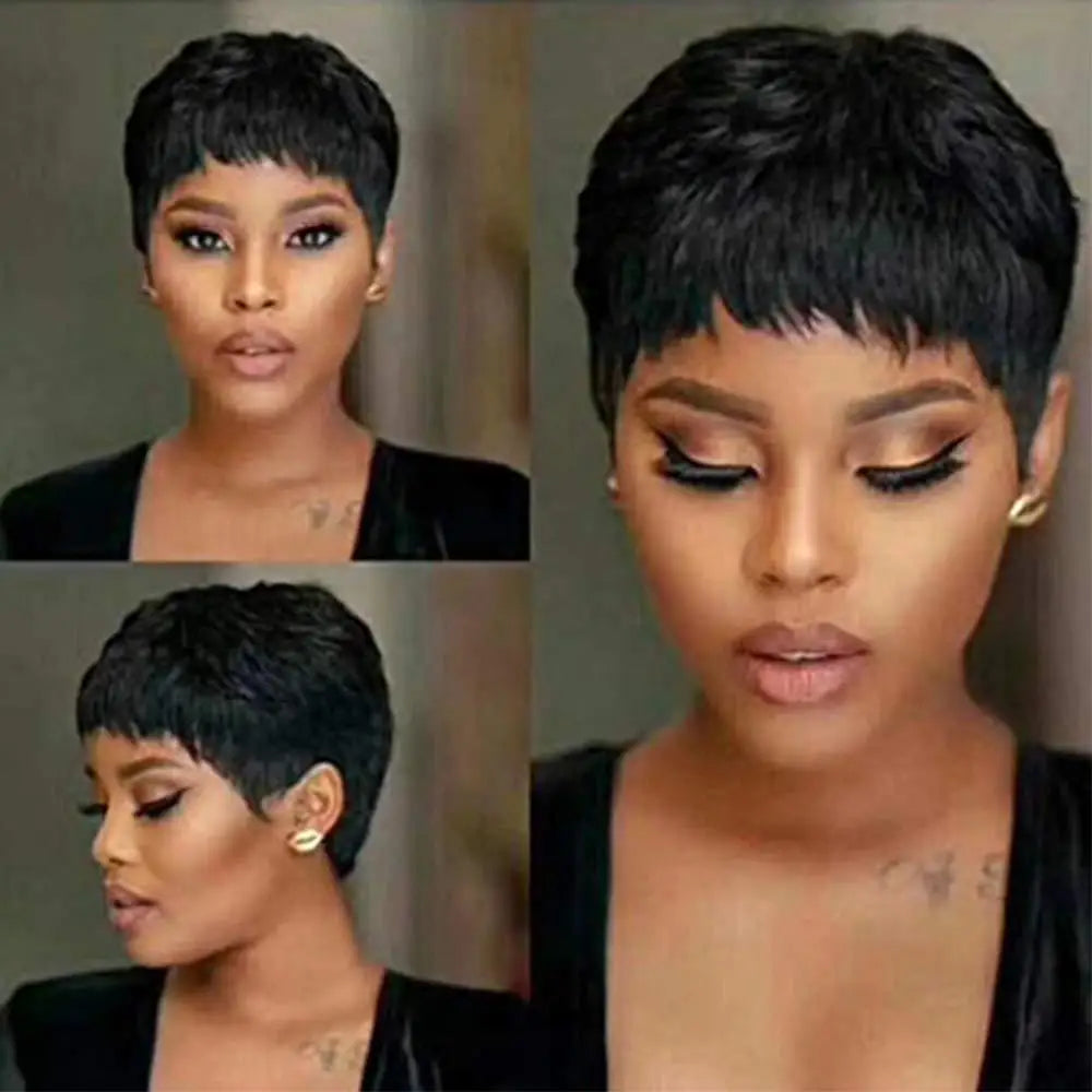 Wear and Go Wig Pixie Cut Human Hair Wigs for Black Women None Lace Front Wig Short Layered Wigs with Bangs for Daily Wear