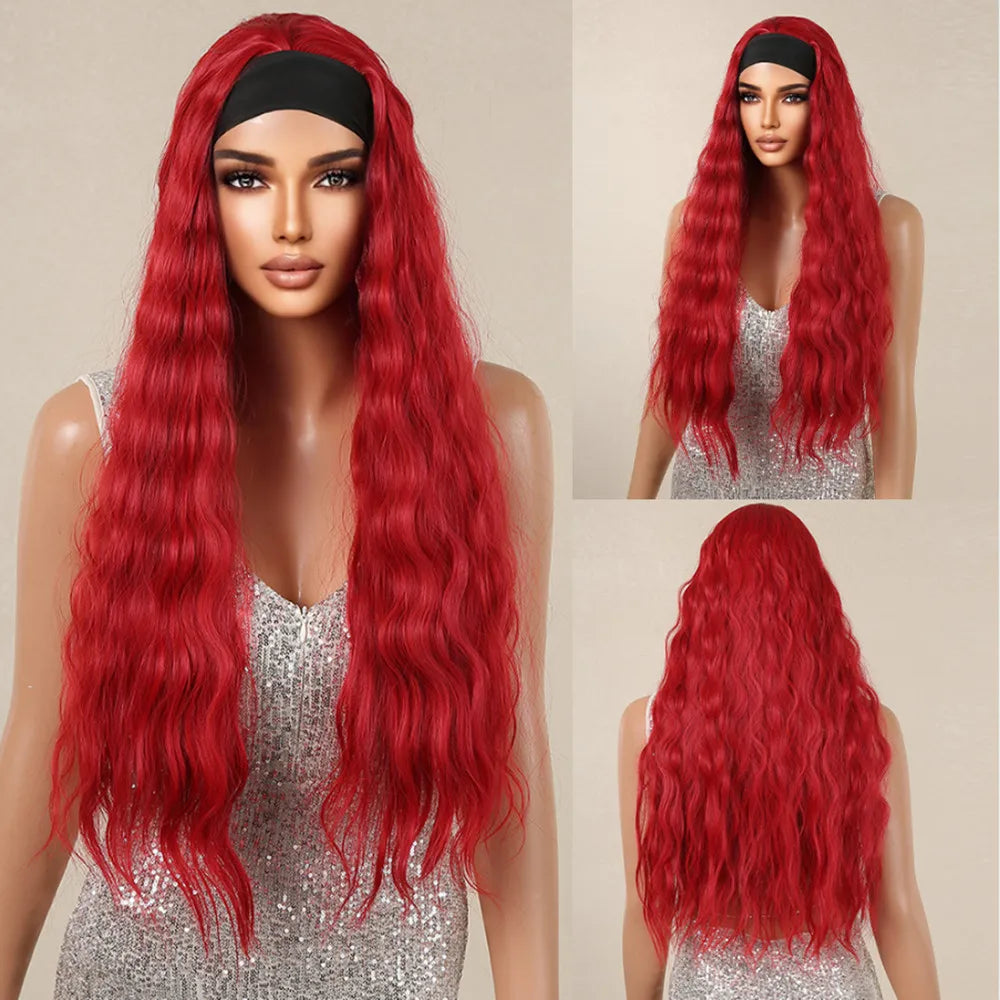Brown Headband Synthetic Wig Long Curly Wavy Wig Natural Looking Daily Hair for Women Party Cosplay Use High Temperature Fiber