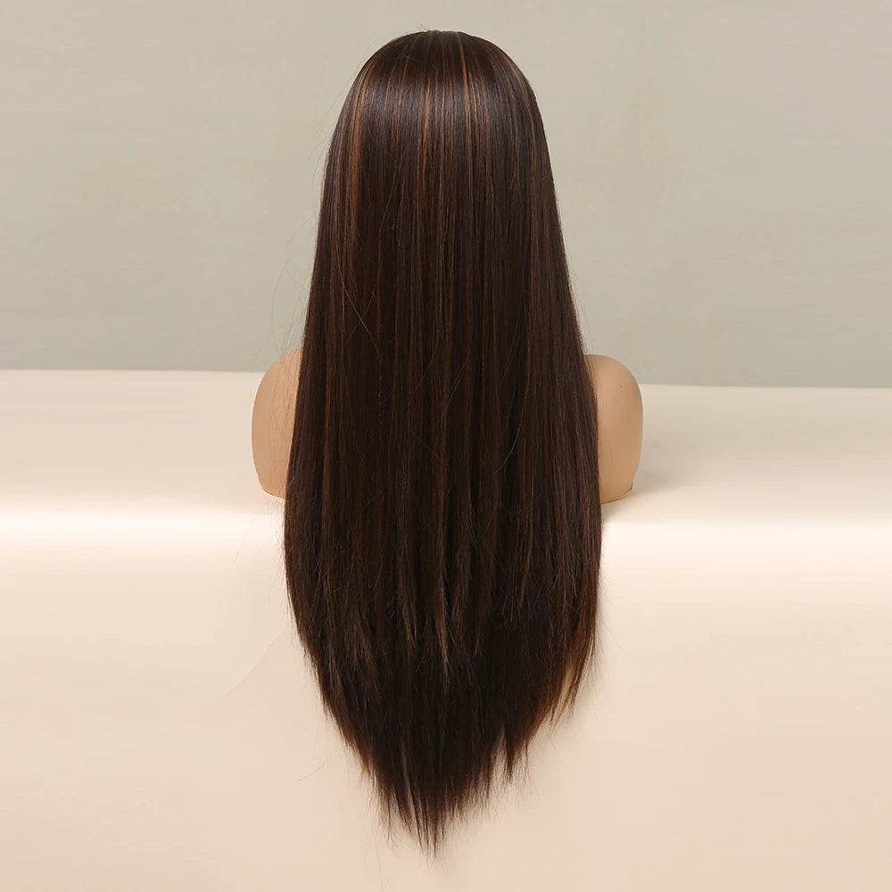 HENRY MARGU Women's Headband Wig Synthetic Hair Long Straight Brown Gloden Highlight Glueless Wigs for Black Women Machine Made