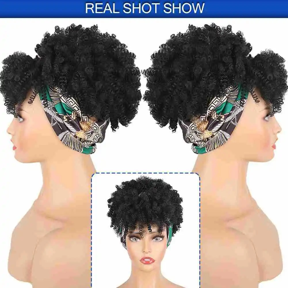 Cosplay Wig Synthetic Hair Afro Kinky Curly Wig With Bangs Headband Wig Short Wigs for Black Women Headgear