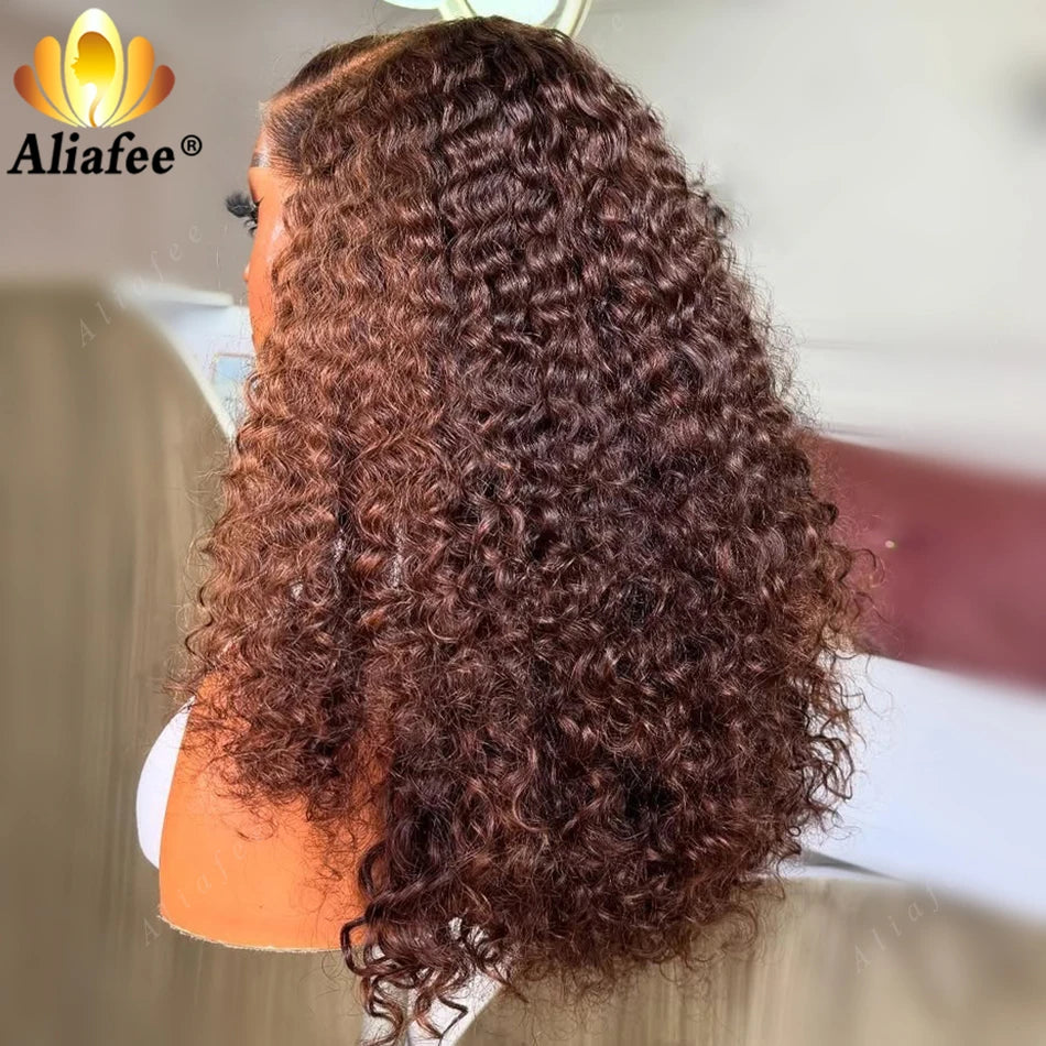 Brown Color Curly 180% Density Human Hair Wigs for Women Kinky Curly 13x4 Lace Frontal Wigs Transparent Chocolate Brown Wigs