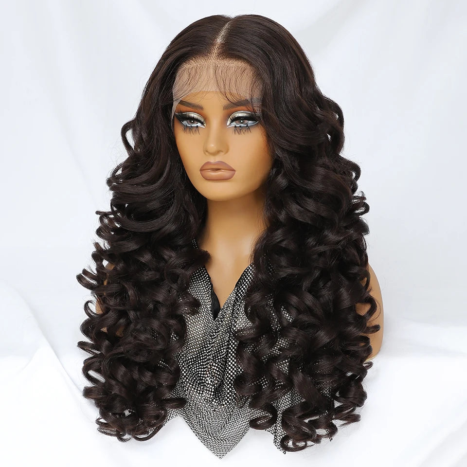 Latisha HD Synthetic Lace Front Wigs Curly Pre Plucked Lace Frontal Wig with Bangs for Women Highlight with Babyhair 24Inch