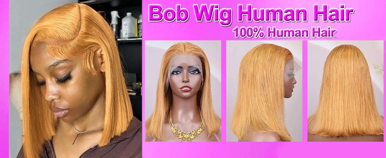 #30 Honey Blonde Human Hair Wig Straight Bob Wig 100% Human Hair Pre Plucked 200 Density Short Gold Wig 13x4 Hd Lace Front Wig