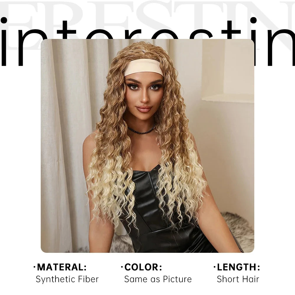Headband Synthetic Wigs Long Afro Kinky Curly Golden Blonde Platinum Ombre Wig for Black Women Use Water Wave Wig Heat Resistant