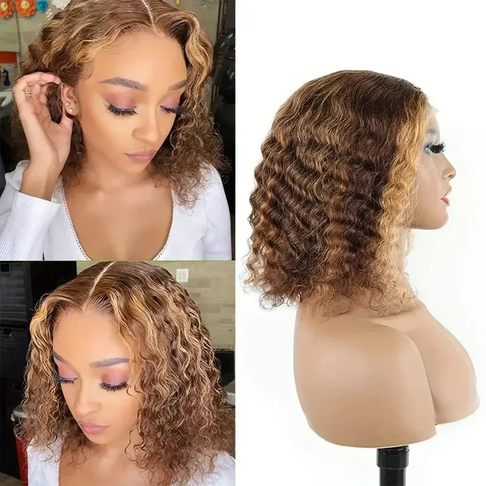 Highlight Curly Bob 13x4 Lace Frontal Wig Brazilian Ombre Brown Deep Water Wave Short Bob Lace Front Human Hair Wigs For Women