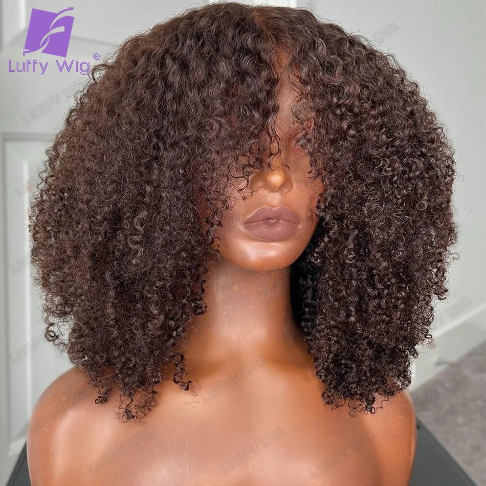 Dark Brown Human Hair Wigs Bob Afro Kinky Curly Wig with Bangs Human Hair Brazilian Full Machine Made Pu Scalp Top Wig Colored