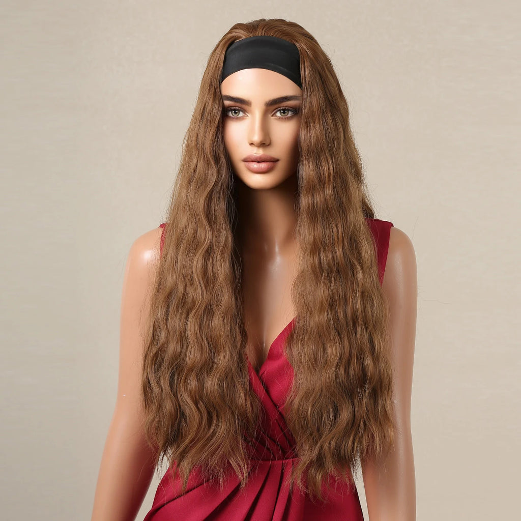 Brown Headband Synthetic Wig Long Curly Wavy Wig Natural Looking Daily Hair for Women Party Cosplay Use High Temperature Fiber