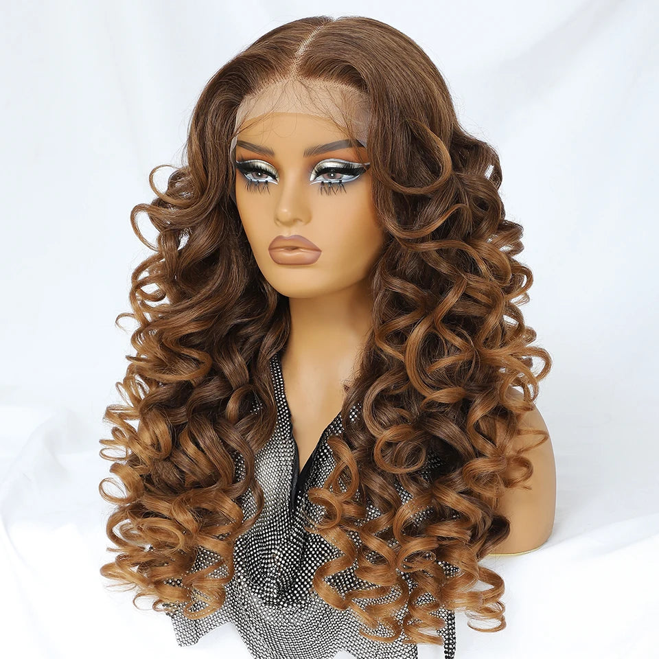 Latisha HD Synthetic Lace Front Wigs Curly Pre Plucked Lace Frontal Wig with Bangs for Women Highlight with Babyhair 24Inch