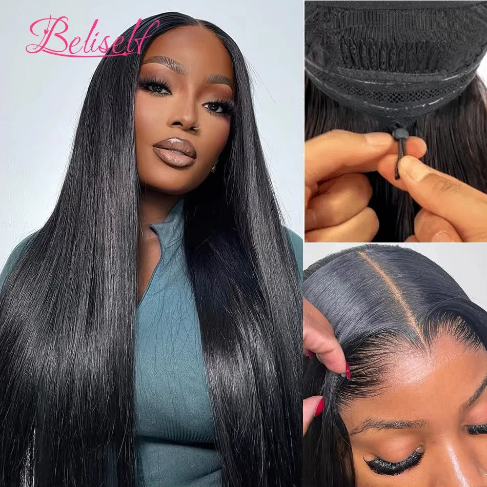 Beliself Glueless Human Hair Wig Straight 13x6 HD Lace Frontal Wig Pull Go Glueless Wig Human Hair with Elastic Drawstring