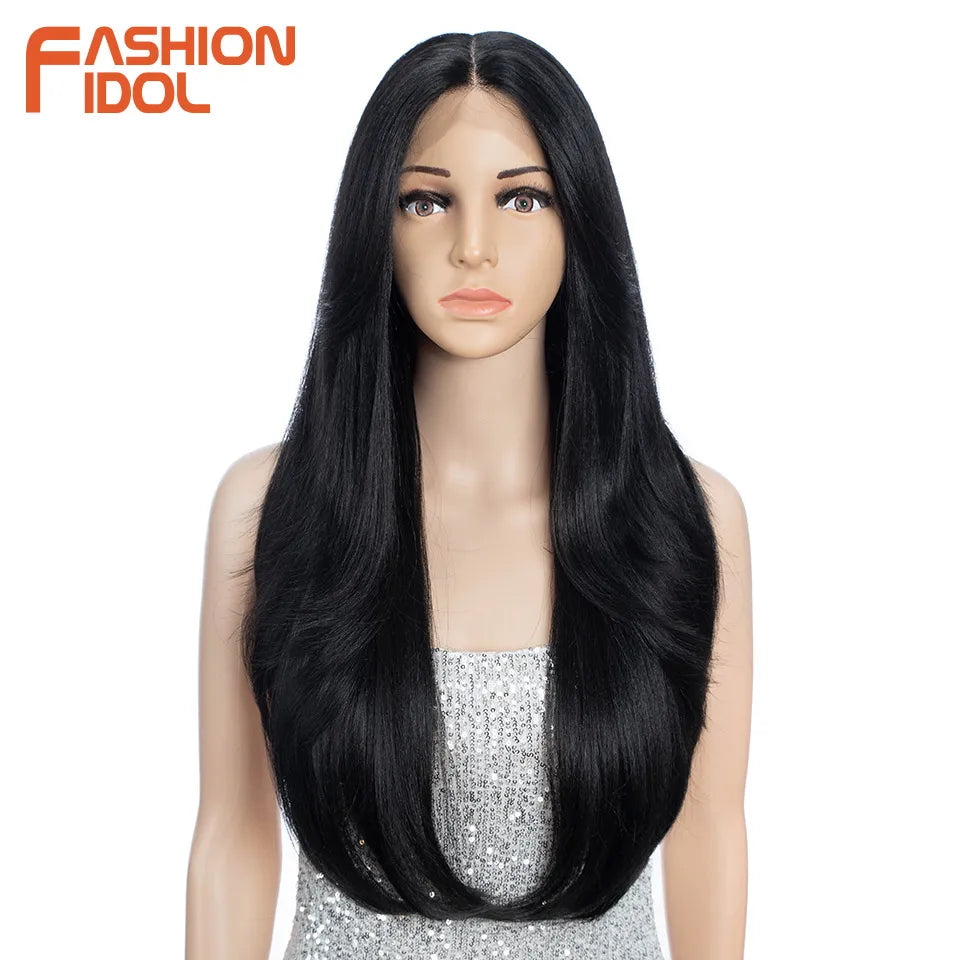 FASHION IDOL 26 Inch Long Straight Lace Front Wig With Bangs Synthetic Hair Ombre Black Blonde Highlight Cosplay Wigs For Women