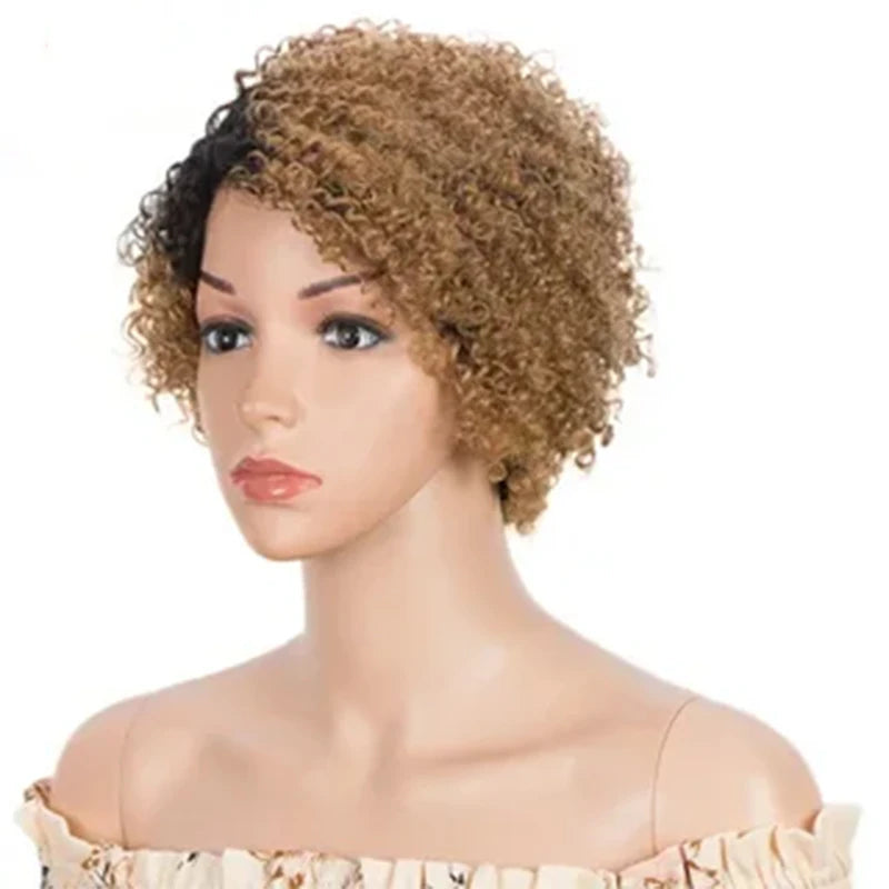 Short Curly Human Hair Wigs Afro Curly Wave Side Part Wig for Women Full Machine Made Human Hair Natural Black Blonde Wig