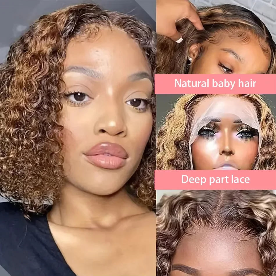 Highlight Curly Bob 13x4 Lace Frontal Wig Brazilian Ombre Brown Deep Water Wave Short Bob Lace Front Human Hair Wigs For Women