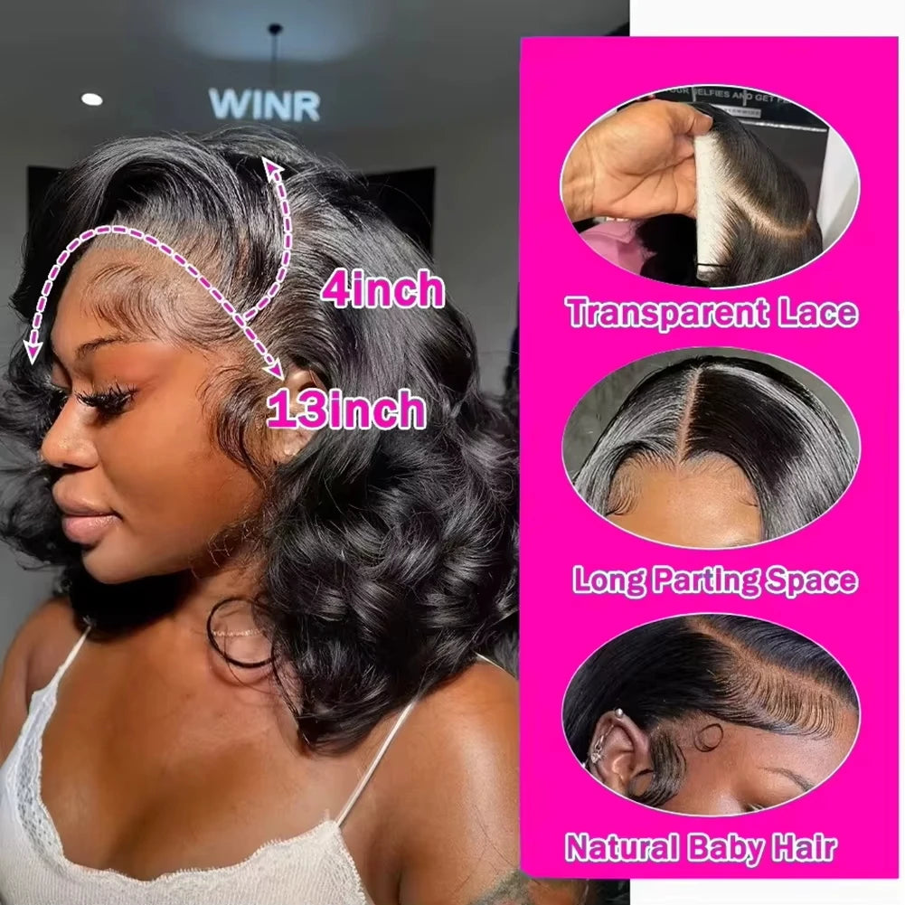 Umi 230% Glueless Human Hair Wavy 13x4 Transparent Lace Front Wigs For Women Body Wave Lace Frontal Wig Short Bob Wig Human Hair