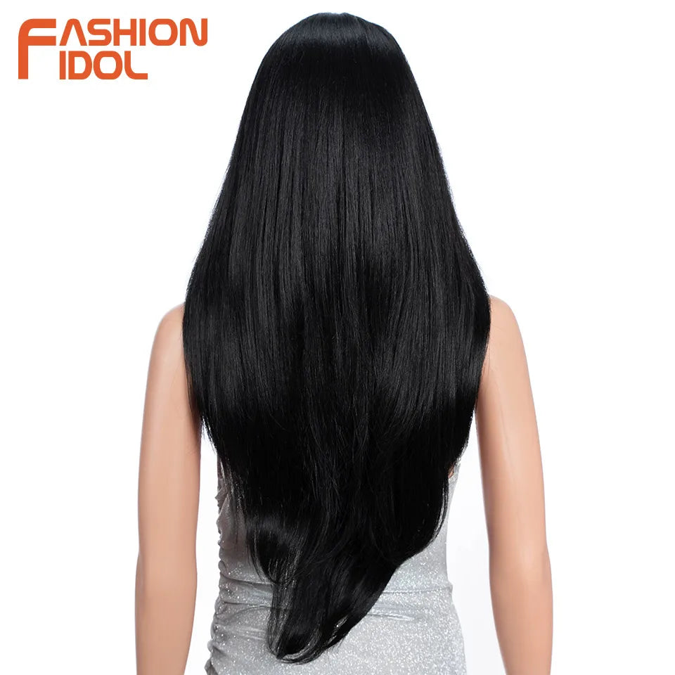 FASHION IDOL 26 Inch Long Straight Lace Front Wig With Bangs Synthetic Hair Ombre Black Blonde Highlight Cosplay Wigs For Women