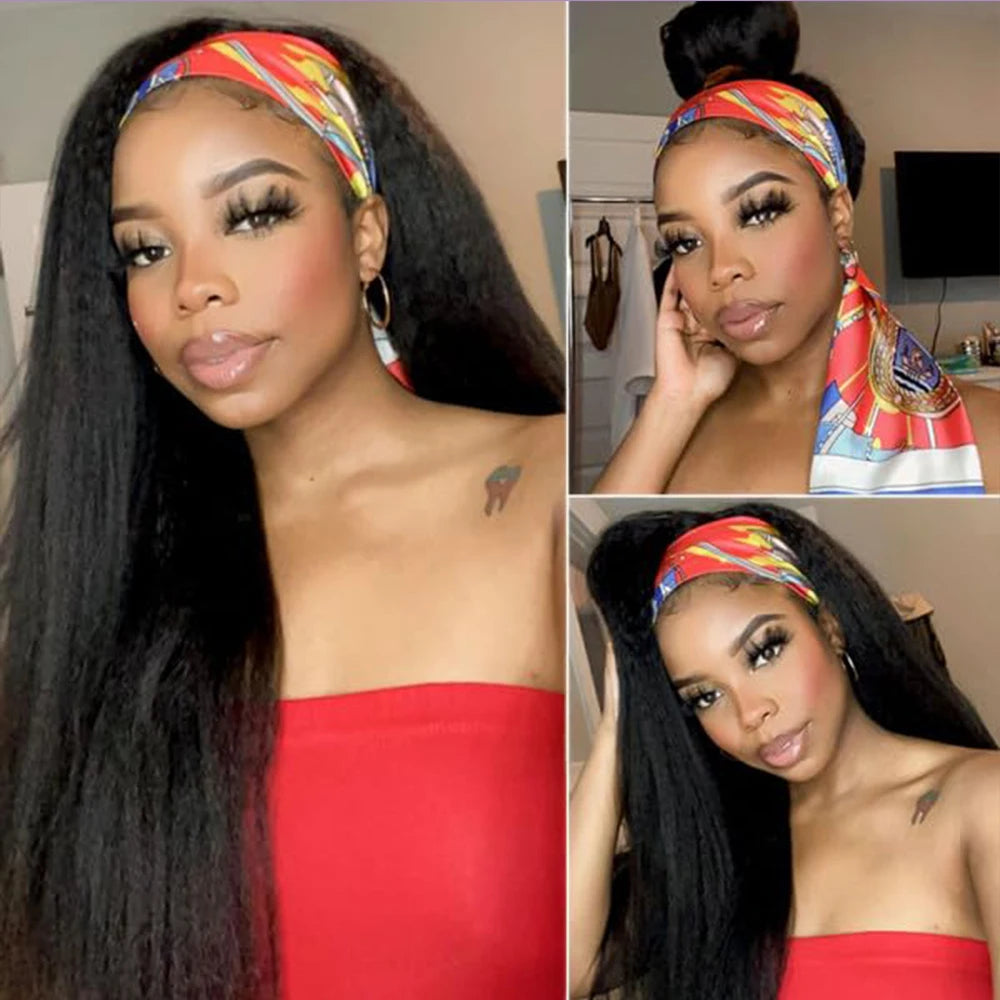 Kinky Straight Headband Wigs Human Hair Pull & Go 250 Density Half Wigs Human Hair Yaki Headband Glueless Wigs Human Hair Wig