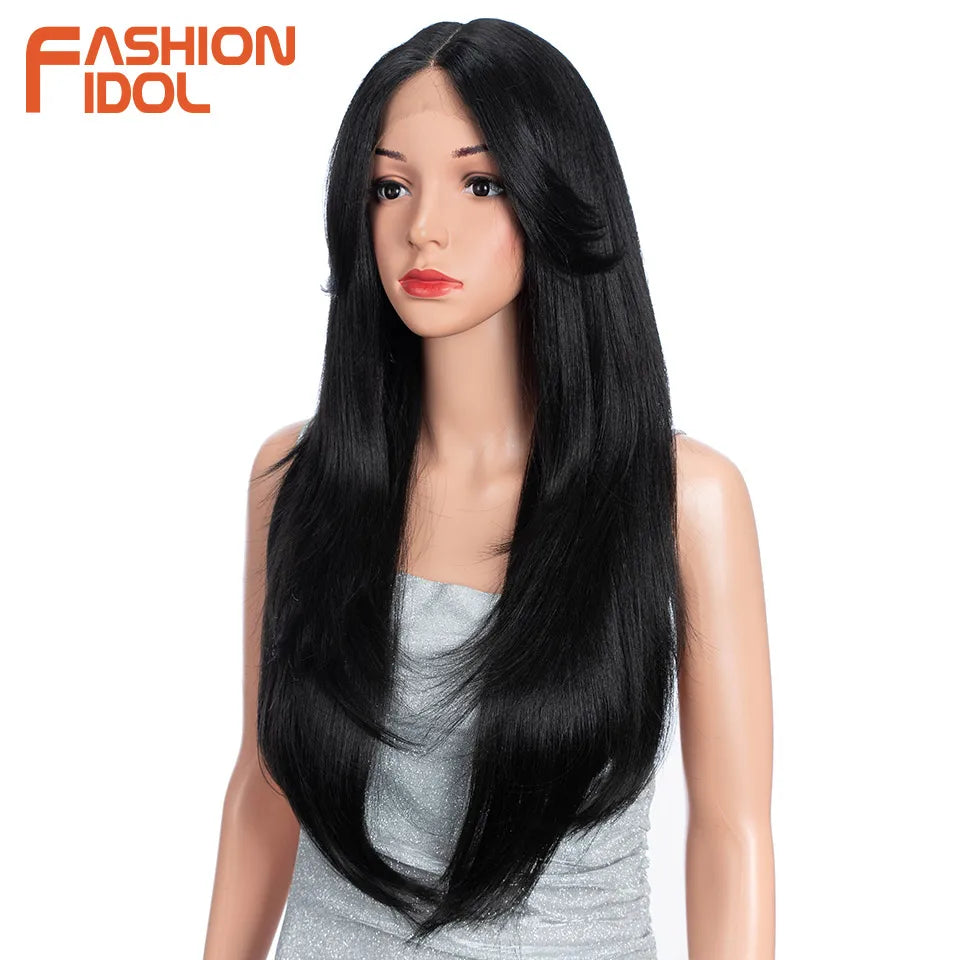 FASHION IDOL 26 Inch Long Straight Lace Front Wig With Bangs Synthetic Hair Ombre Black Blonde Highlight Cosplay Wigs For Women