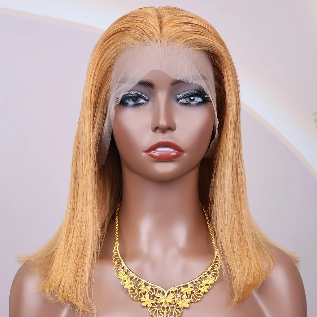 #30 Honey Blonde Human Hair Wig Straight Bob Wig 100% Human Hair Pre Plucked 200 Density Short Gold Wig 13x4 Hd Lace Front Wig