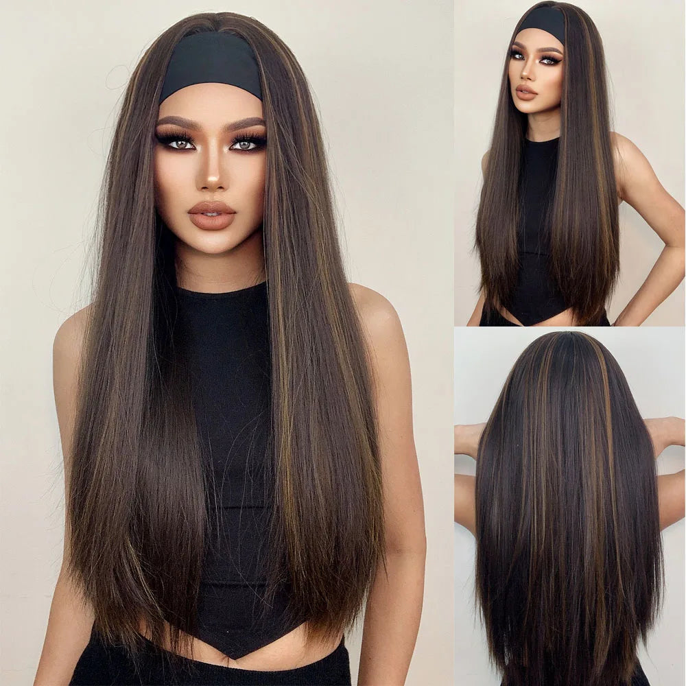 HENRY MARGU Women's Headband Wig Synthetic Hair Long Straight Brown Gloden Highlight Glueless Wigs for Black Women Machine Made