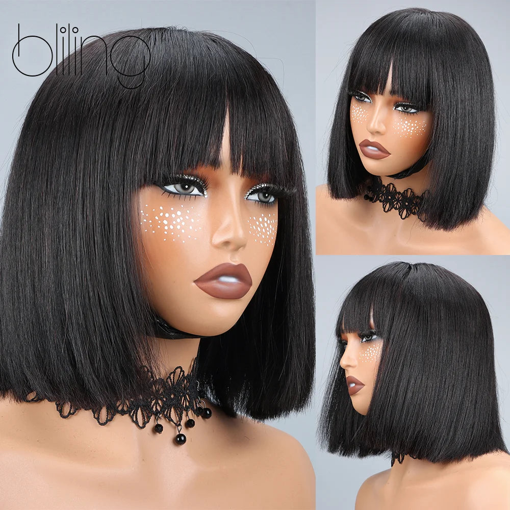 200% Human Hair Wig With Bang Natural Glueless Straight Layered Bob Hairstyle 1X13 Transparent Lace Black for Women 10 Inch