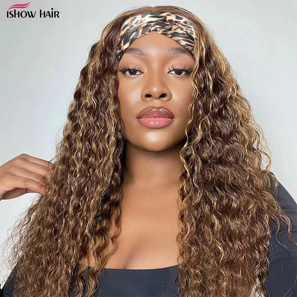 Headband Wig P4/27 Highlight Human Hair 250 Density Deep Wave Curly Human Hair Wigs Honey Blonde Colored Full Machine Made Wig