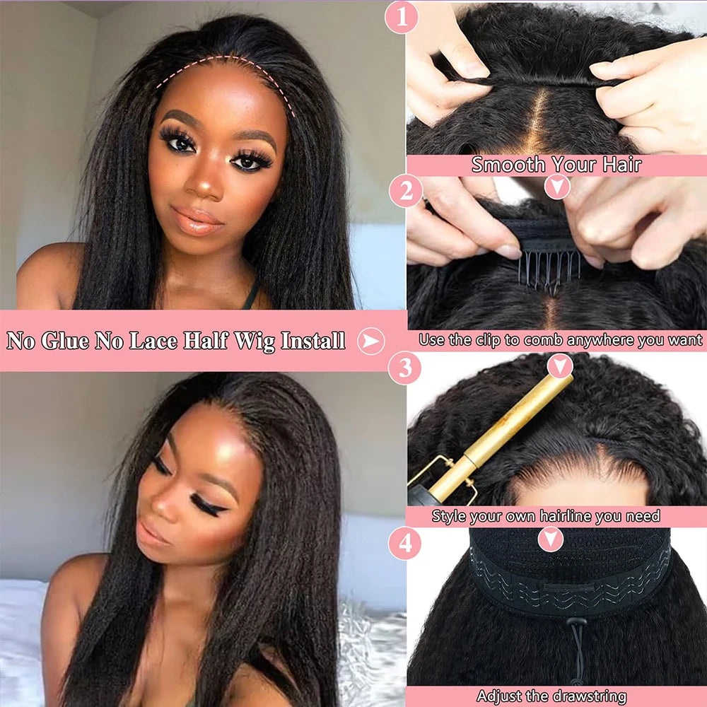 Kinky Straight 3 IN1 Half Wigs Human Hair Pull & Go Real Glueless Half Wigs Human Hair Curly 36 Inches Half Wigs Human Hair