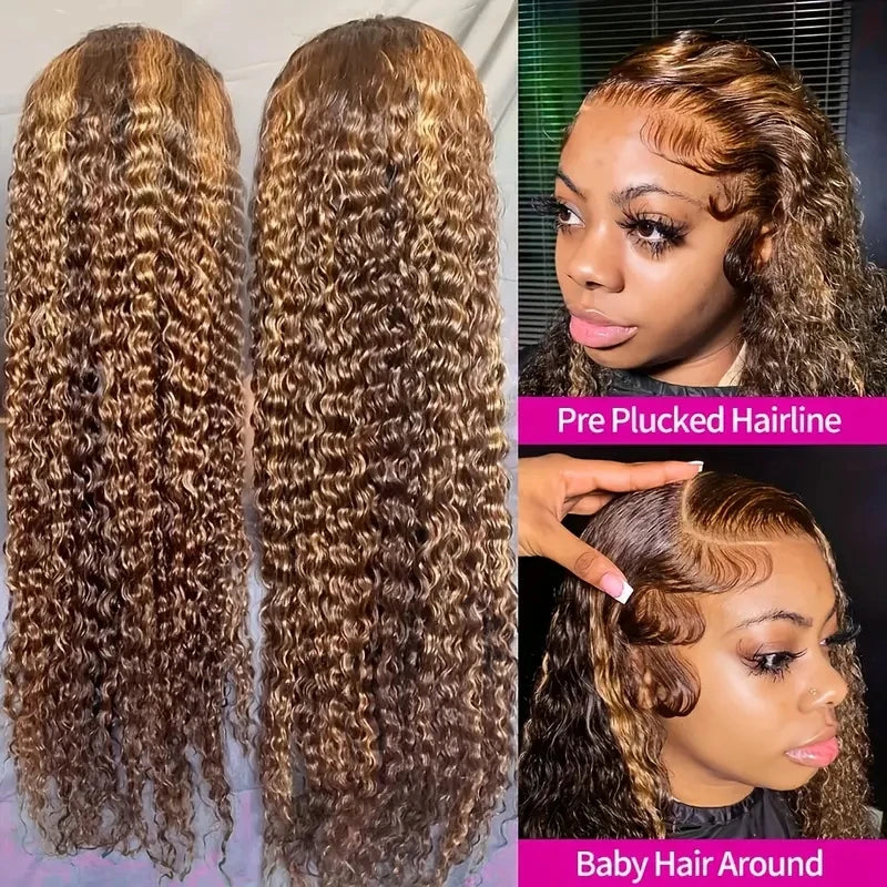 30 Inch Water Wave Highlight Wig 4/27 Ombre Human Hair 13x6 HD Lace Front 250% Density Natural Hairline Pre-Plucked Curly Wigs