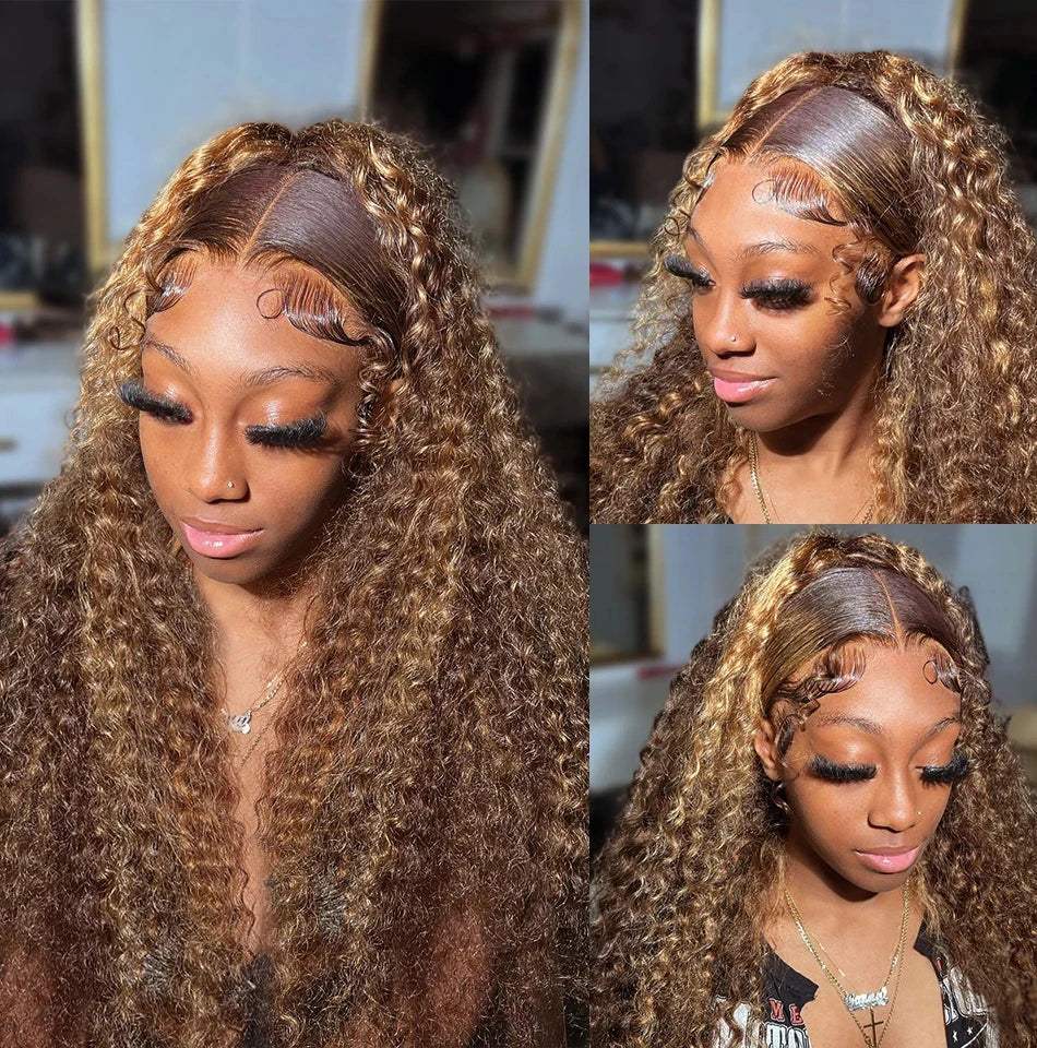 Deep Wave Frontal Wig HD Highlight Wig Human Hair Transparent 13x6 Honey Blonde Lace Front Wigs For Women Curly Human Hair Wig
