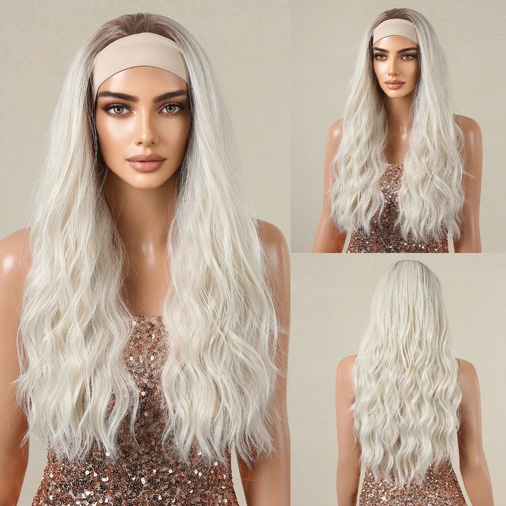 HENRY MARGU Women's Headband Wig Synthetic Hair Long Straight Brown Gloden Highlight Glueless Wigs for Black Women Machine Made