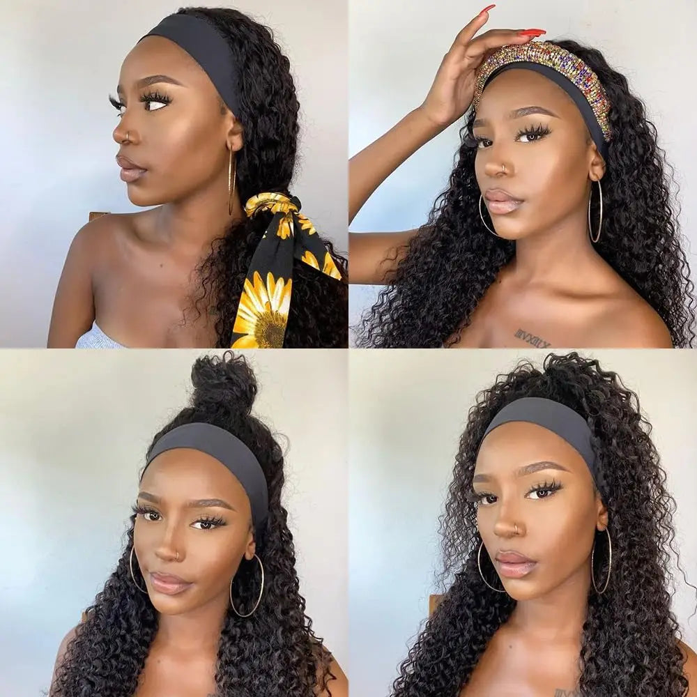 Headband Wigs-Water Wave Headband Wigs Human Hair For Women, 16-24 Inches Remy Hair Full Machine Made Black Curly Hair Band Wigs