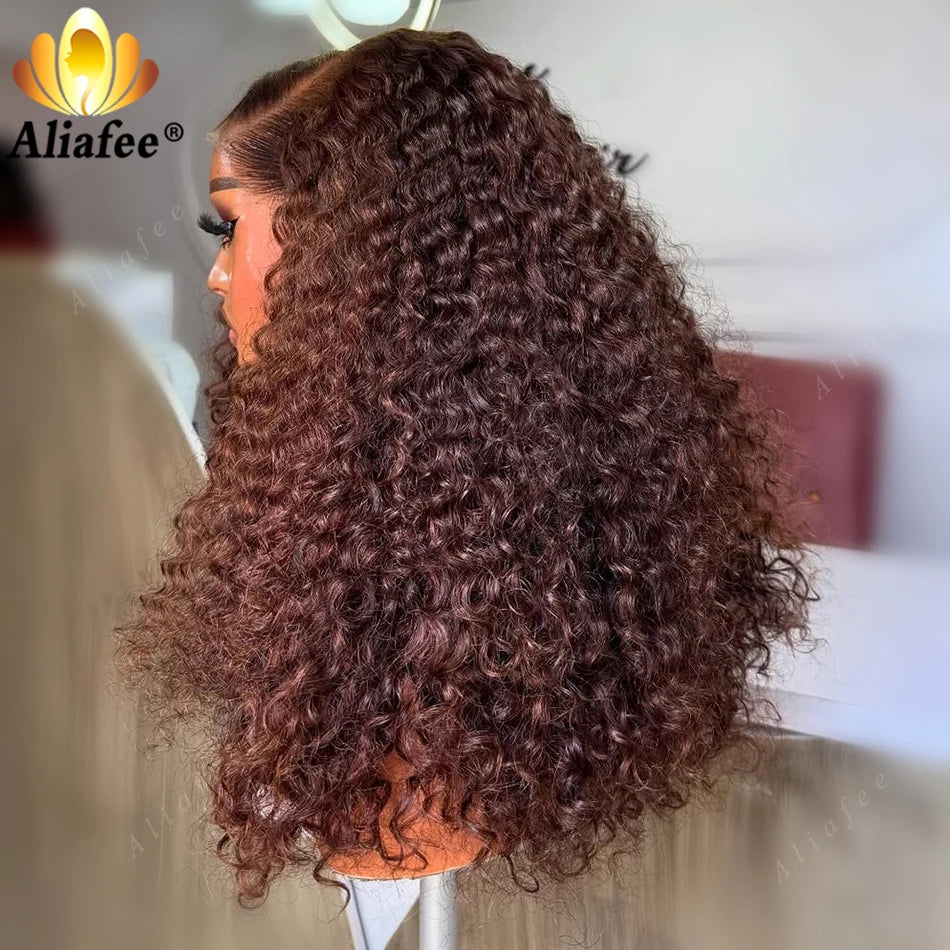 Brown Color Curly 180% Density Human Hair Wigs for Women Kinky Curly 13x4 Lace Frontal Wigs Transparent Chocolate Brown Wigs