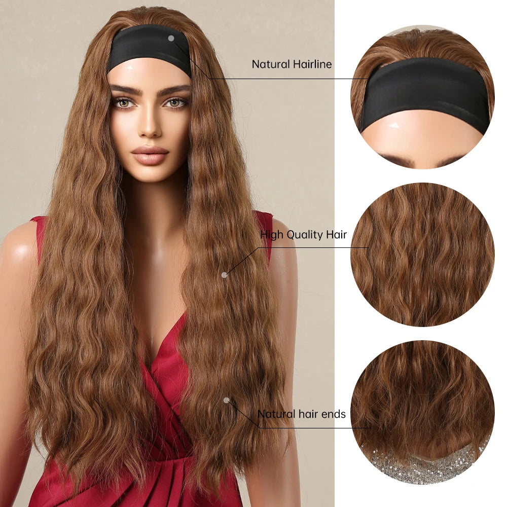 Brown Headband Synthetic Wig Long Curly Wavy Wig Natural Looking Daily Hair for Women Party Cosplay Use High Temperature Fiber