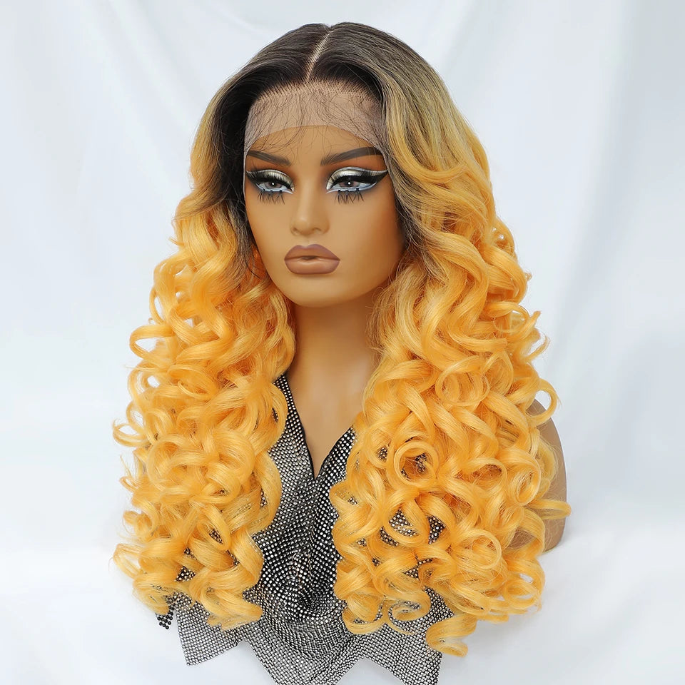 Latisha HD Synthetic Lace Front Wigs Curly Pre Plucked Lace Frontal Wig with Bangs for Women Highlight with Babyhair 24Inch