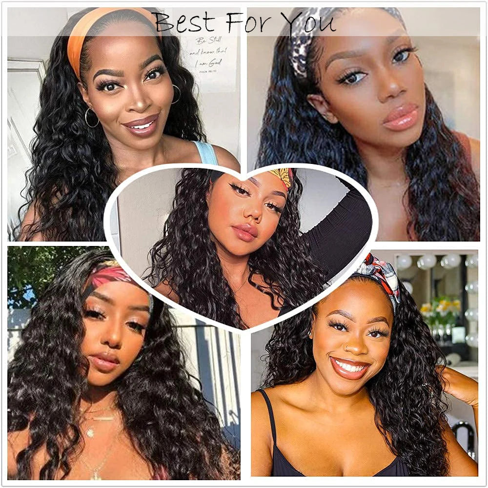 Headband Wigs-Water Wave Headband Wigs Human Hair For Women, 16-24 Inches Remy Hair Full Machine Made Black Curly Hair Band Wigs