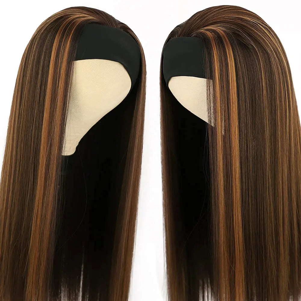 WIGNEE Long Straight Headband Wig Synthetic Wigs for Women Glueless Highlight Wig with Headband Easy to Wear Black Wig Daily Use