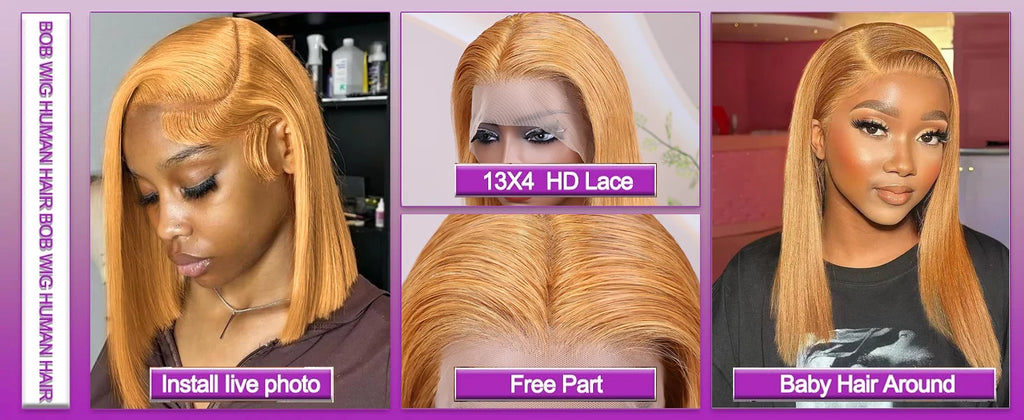 #30 Honey Blonde Human Hair Wig Straight Bob Wig 100% Human Hair Pre Plucked 200 Density Short Gold Wig 13x4 Hd Lace Front Wig