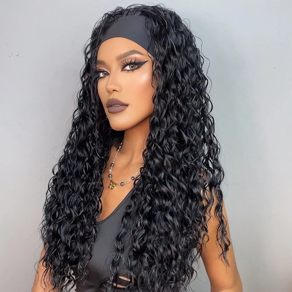 Curly Headband Synthetic Wigs Natural Black Long Women's Headband Wig Deep Water Wave Bohemian Hair For Black Women Fake Hair